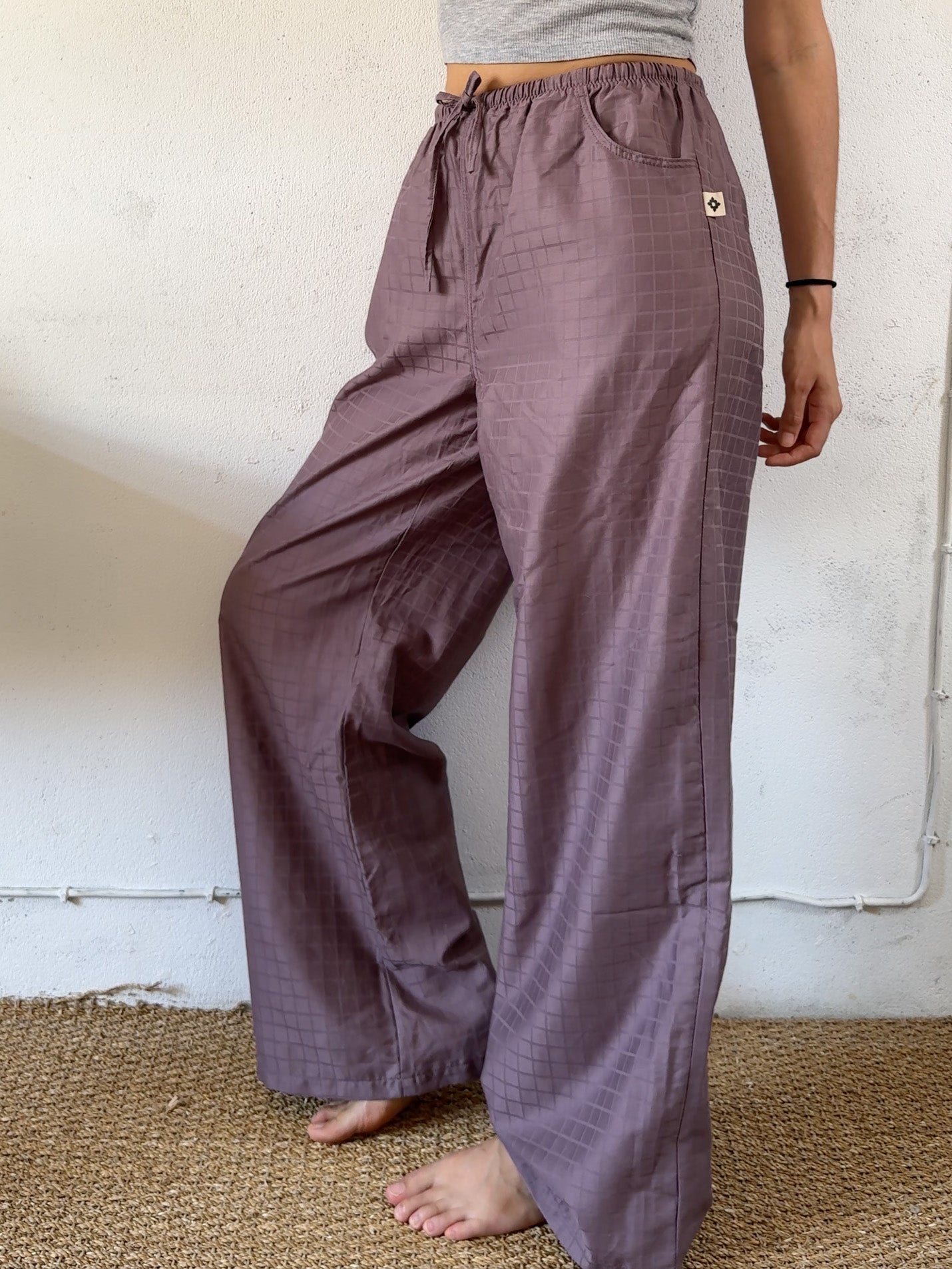 Drawstring trousers in purple checks