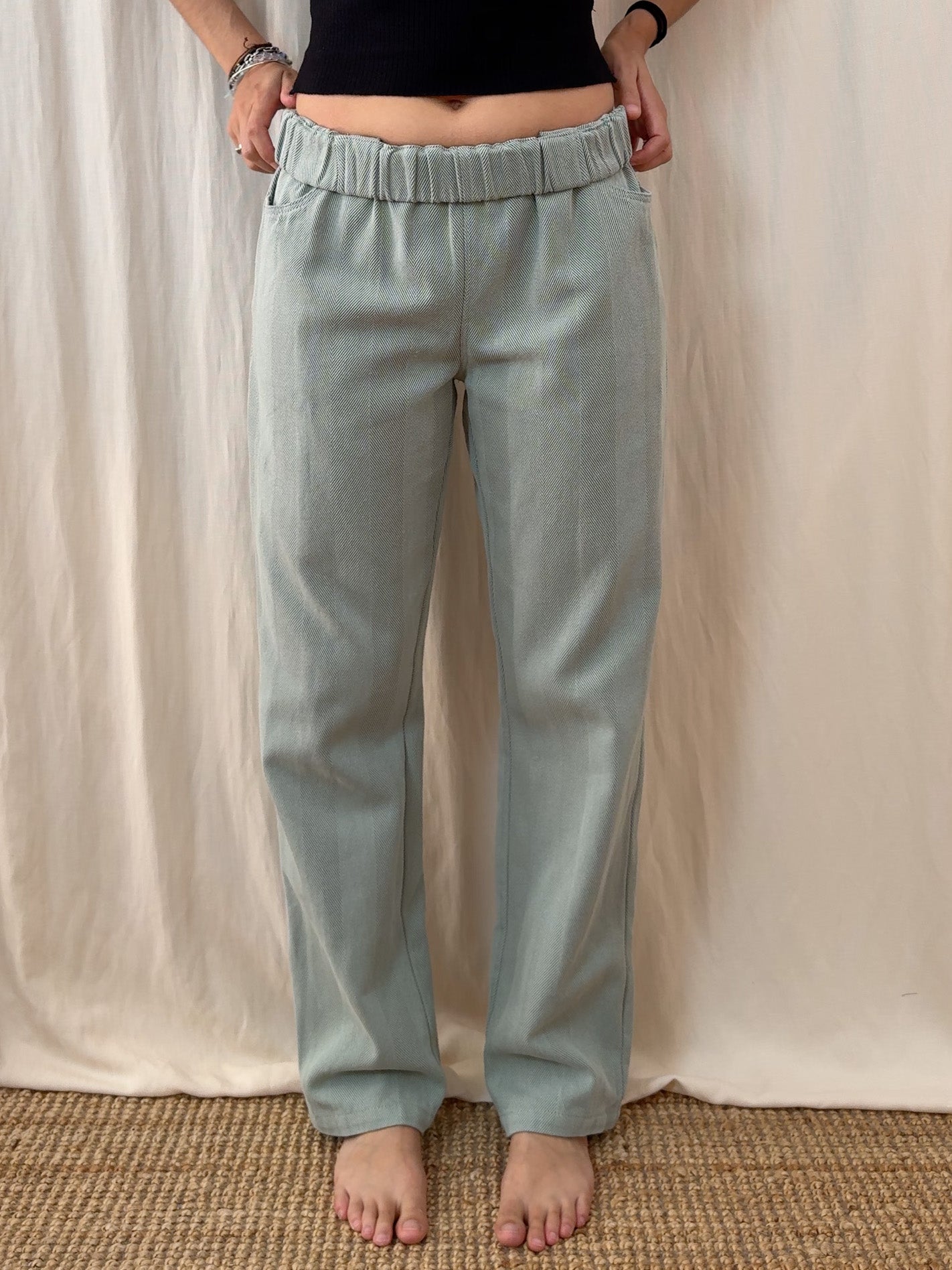 Straight trousers in textured stripes sage green