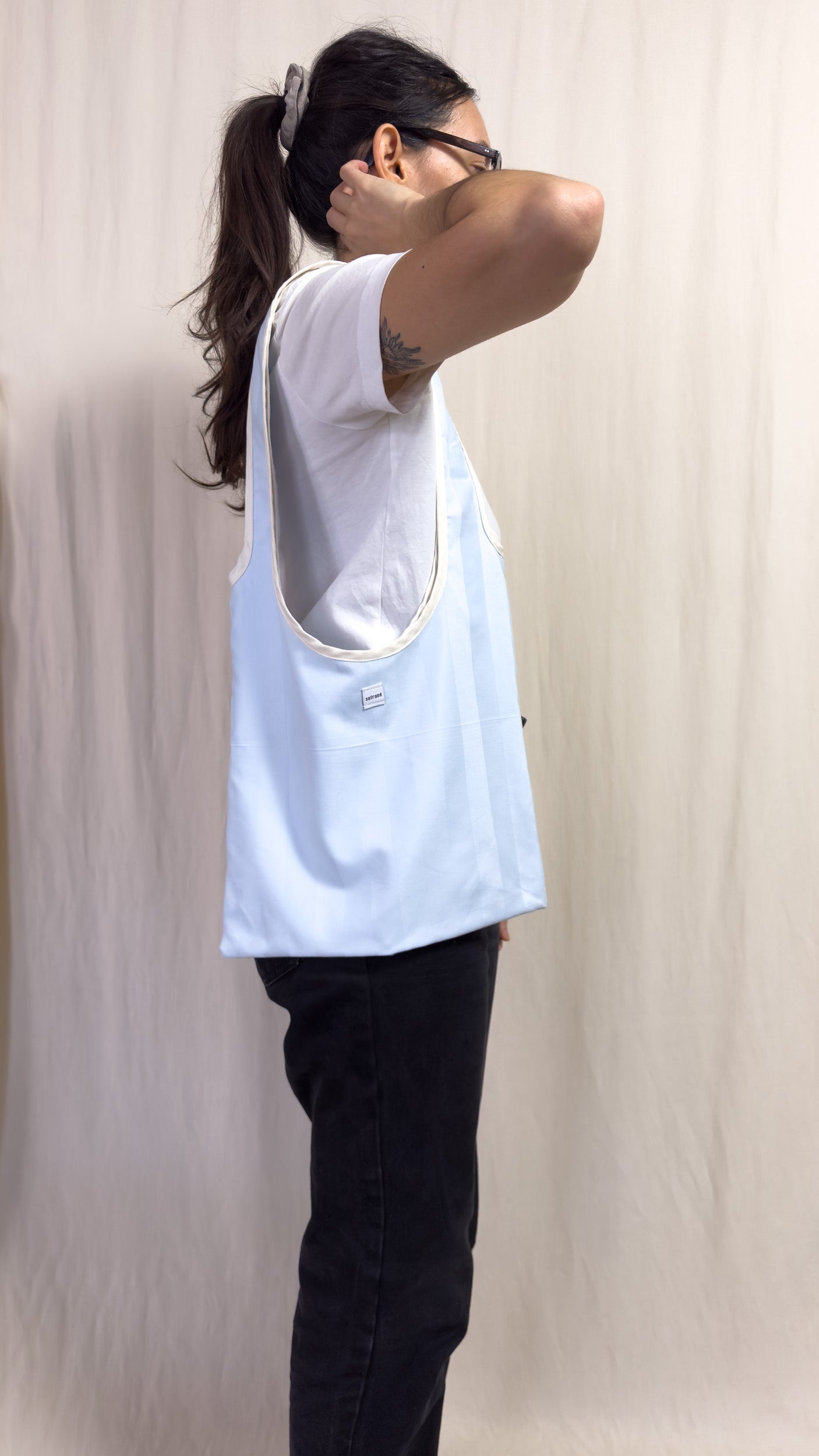 bag - blue stripes & white ribbon