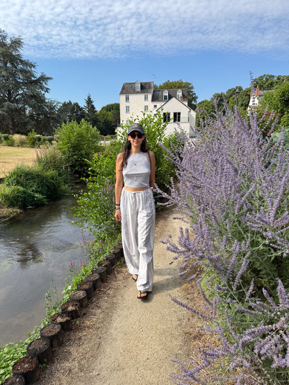 Drawstring trousers in beige stripes