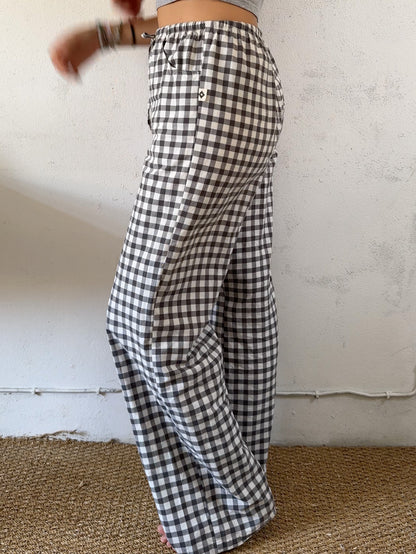 Drawstring trousers in dark grey vichy