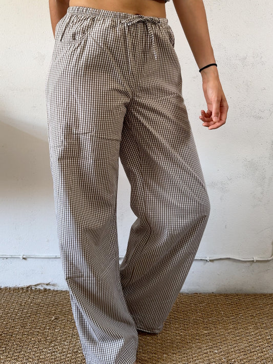 Drawstring trousers in brown small vichy
