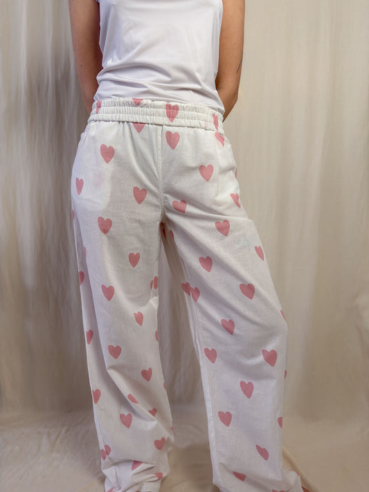 Wide leg trousers in white with pink hearts